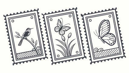 Obraz premium Set of three vintage-style postage stamps featuring hand-drawn bird and butterfly illustrations