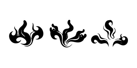 Three stylized black and white flame designs with intricate swirls and curves. Vector © RABBY