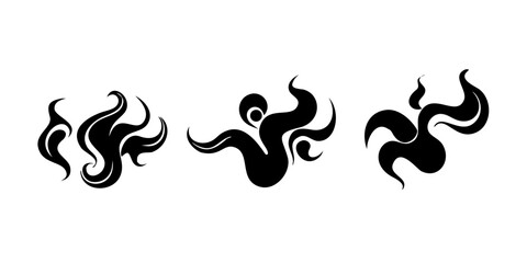 Three stylized black and white octopus illustrations on a white background Vector © RABBY