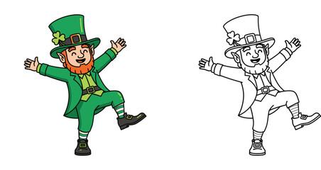 Happy dancing leprechaun character. Vector illustration with color and black and white outline versions for St. Patrick's Day coloring book.