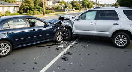 Naklejka premium Car Accident Head-on Collision on City Street