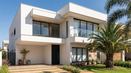 Fototapeta premium Modern luxury house exterior with glass balcony and landscaped yard, contemporary residential architecture