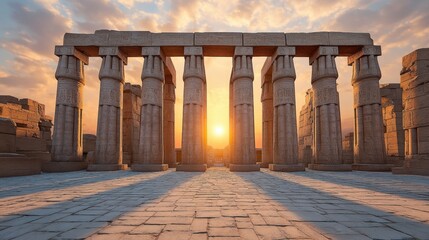 Obraz premium Stunning Ancient Egyptian Temple at Sunset with Majestic Columns Against a Colorful Sky