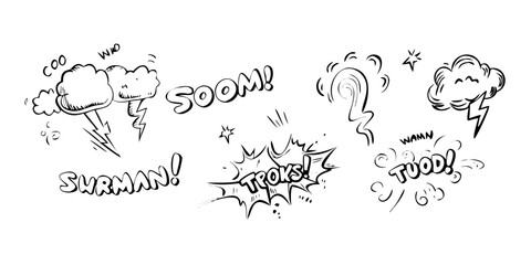 A variety of onomatopoeic words representing different weather phenomena Vector © RABBY