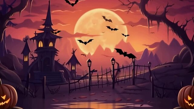 Spooky Halloween night scene with pumpkins, bats, eerie trees, and a haunting moonlit background.