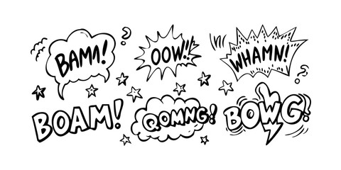 A dynamic and energetic display of various comic book sound effect words. Vector © RABBY