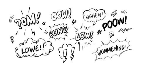 A collection of various comic book sound effect words in bold black text Vector © RABBY