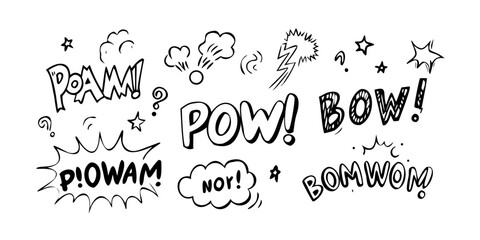 A dynamic and energetic collection of comic book sound effect words. Vector © RABBY
