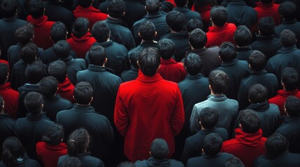 Obraz premium Lone Figure in Crowd: Man in Red Hoodie Standing Out from Anonymous Group of People, Back View, Urban Scene.