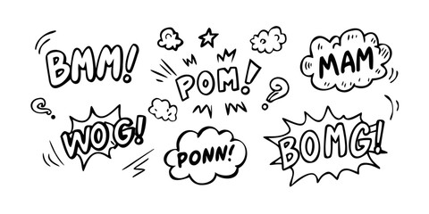 A collection of various speech bubbles with different expressions and sounds. Vector © RABBY