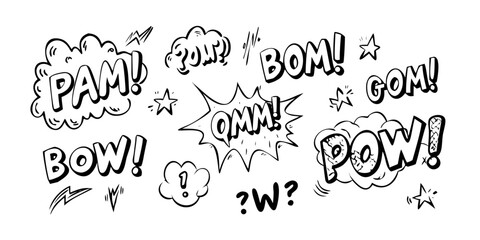 A dynamic illustration of various comic book sound effect words in bold, black letters Vector © RABBY