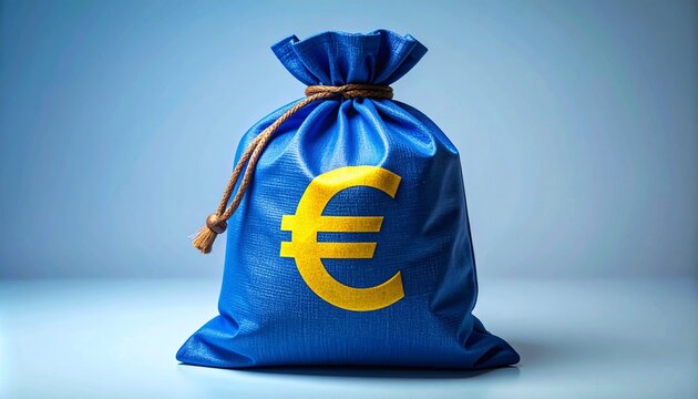 "Blue drawstring bag with yellow euro symbol, tied with cord, representing wealth and finance."