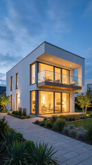 Fototapeta premium Modern luxury house exterior with glass balcony and landscaped yard, contemporary residential architecture