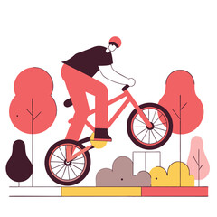 Fototapeta premium Flat Illustration of Biker Riding Bicycle Over Obstacle in Urban Park Scene Vector