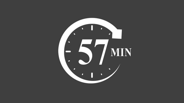 57 minute timer clock symbol countdown 57min timer clock face with 57 minutes remaining white on dark background