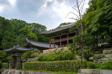 Traditional Korean wooden pavilion and historic architecture in the Secret Garden of Changdeokgung Palace in Seoul