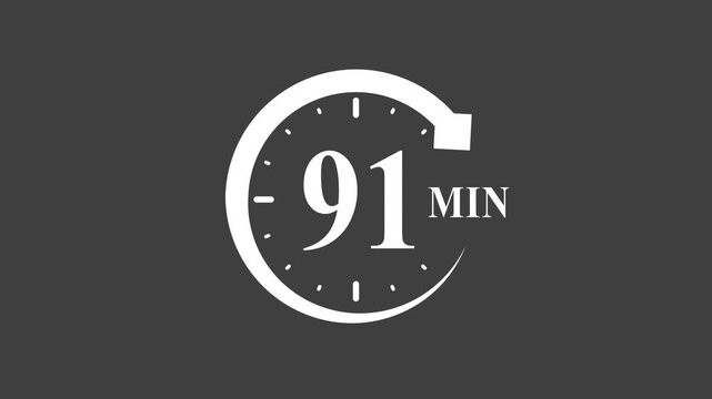 White 91 minute timer on dark background clock symbol with 91 minutes marker stopwatch concept for countdown timer or time management