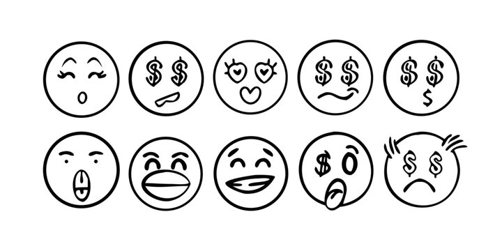 A diverse collection of expressive emoji faces showcasing various emotions and reactions Vector