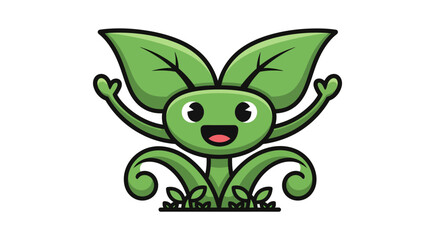 Fototapeta premium Cheerful cartoon plant smiling with bright eyes and leafy tendrils standing on grass, front view illustration