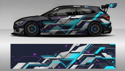 Futuristic geometric car wrap design on a dark grey hatchback, featuring vibrant blue, turquoise, and purple accents for a sporty aesthetic. © DB stock