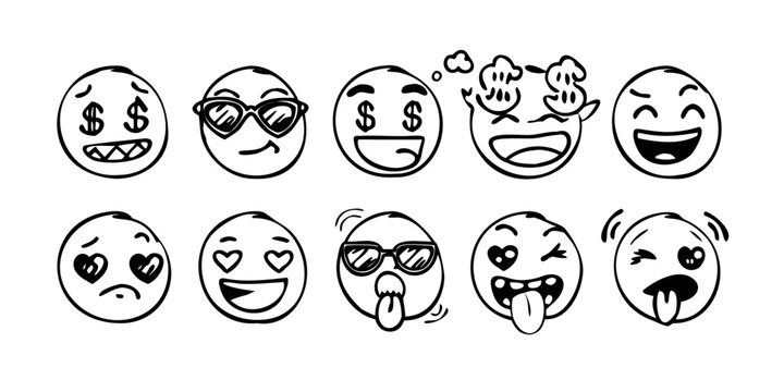 A collection of diverse emoticons expressing various emotions and facial expressions Vector