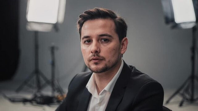 Videorecorded mock interview session with a candidate looking intently at the camera while recording equipment is out of focus behind.