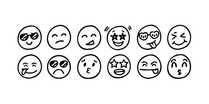A collection of diverse facial expressions and emotions depicted in simple emoji style. Vector
