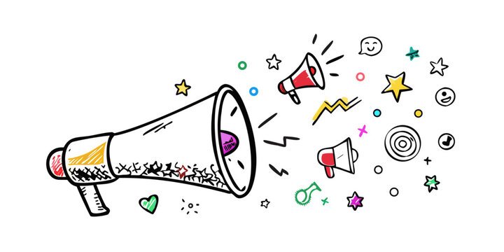 Vibrant megaphone broadcasting colorful geometric shapes into the air Vector