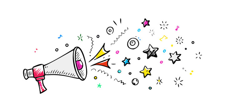 A vibrant megaphone releasing a colorful array of shapes and symbols Vector