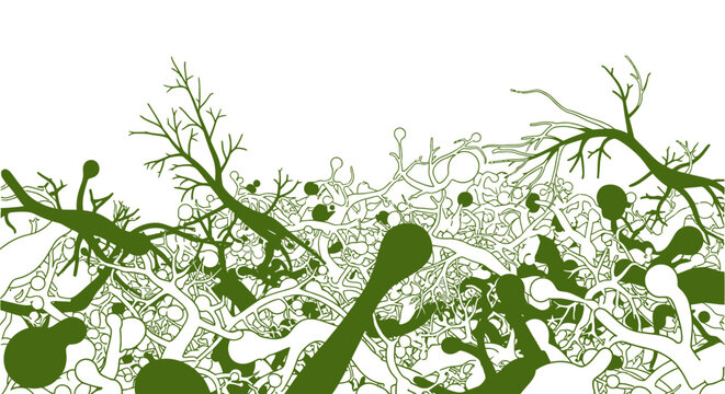 Abstract Biological Network Illustration. Intertwined green dendrites, neurons, and organic structures creating a complex system background.
