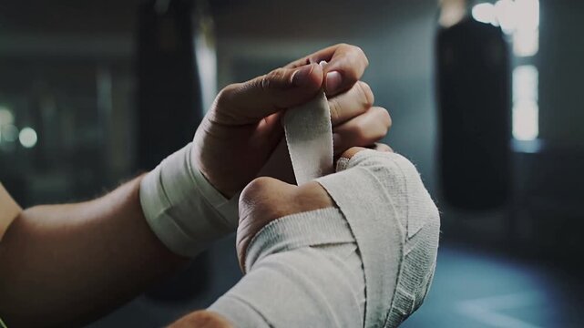 Boxer wrapping hands with white tape before training.