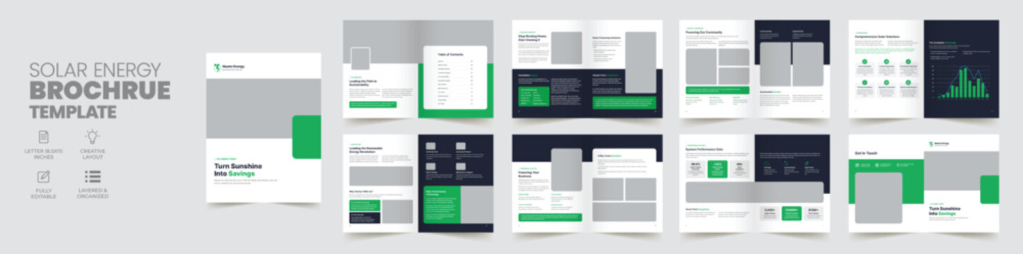 Modern Solar Energy Brochure Template, Renewable Power Business Profile, Sustainable Ecology Booklet, Corporate Annual Report Layout and Clean Environmental Catalog