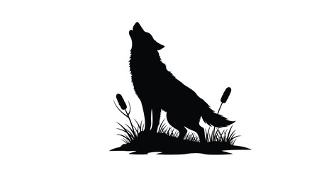 A howling wolf stands amidst reeds and grass a striking silhouette © MD