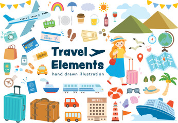 旅行・お出かけのかわいい手描きイラストセット　トラベル・観光・アイコン