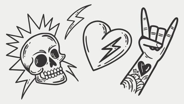 Hand-drawn rock and roll illustrations featuring a skull, a heart with a lightning bolt, and a hand.
