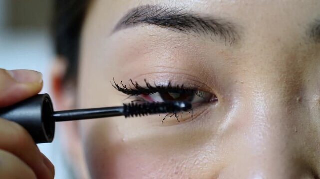 Close-up of a woman applying mascara to her eyelashes.
