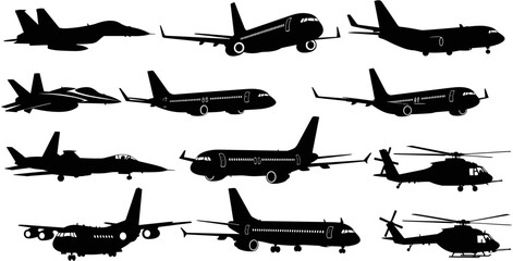 Aircraft silhouette collection featuring commercial passenger airplanes, military fighter jets, transport planes, and helicopters isolated on white background for aviation design © Ahsan