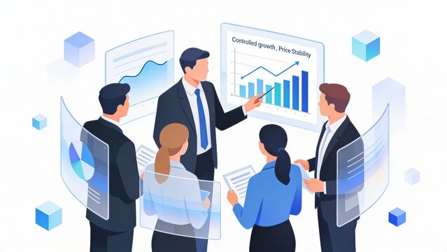 Disinflation trend - Corporate professionals are evaluating stable charts on transparent screens, highlighting growth and price stability in a business context.