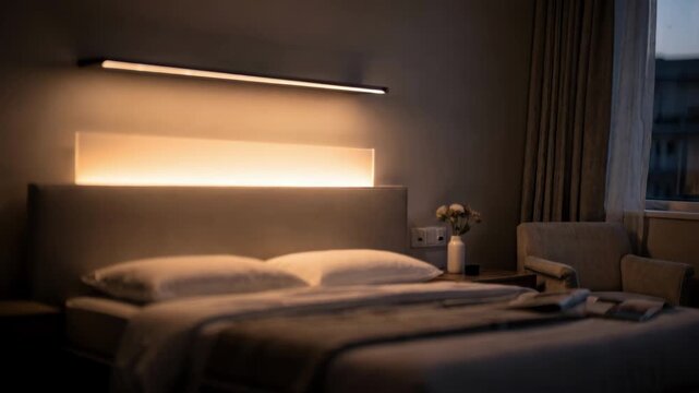Soft circadian lighting glows above a bedroom bedframe focusing on the LED panel while the room fades gently out of focus.