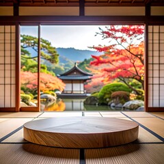 Interior view of a traditional Japanese room looking out onto a stunning garden, showcasing vibrant autumnal foliage
