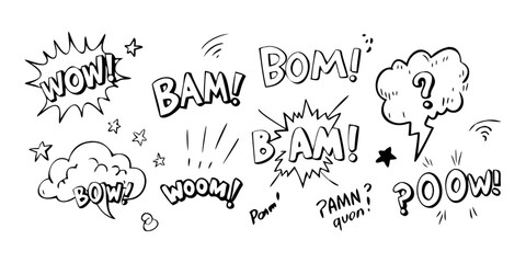 A variety of comic book sound effect words in different shapes and sizes Vector © rabby