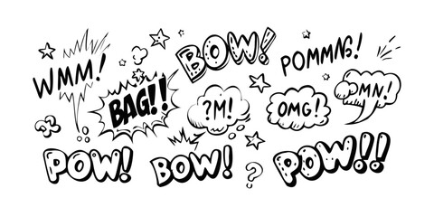 A dynamic comic-style illustration of various onomatopoeic sound effects in bold, black letters. Vector © rabby