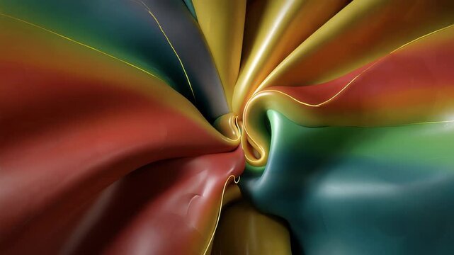 Multicolored soft shapes pull toward the center and twist, creating deep folds with thin golden threads on the surface