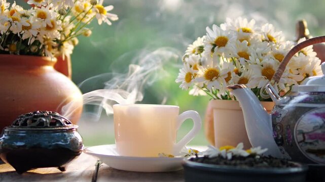 Pouring hot herbal tea into a cup with steam and incense smoke on a wooden table