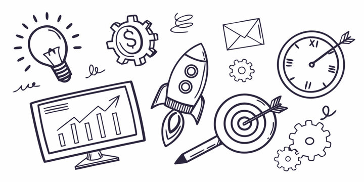 A creative illustration of various objects and concepts related to technology and ideas. Vector