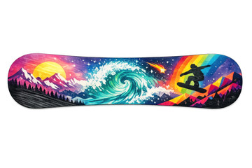 Snowboard design with surreal cosmic wave and winter mountain landscape