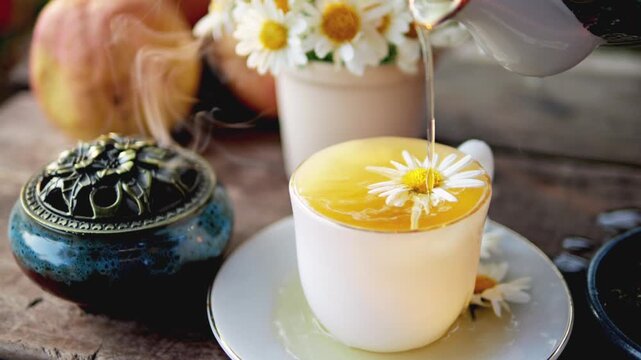 Close up of hot tea being poured from a teapot with rising steam and white daisies