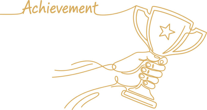 Single gold continuous line drawing of a hand holding a winner trophy for business success achievement competition win and leadership victory.