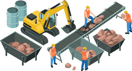 Isometric mining production vector illustration with excavator, conveyor belt, workers, stone processing, material handling, heavy machinery, industrial workflow concept