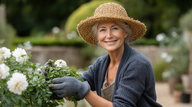 Senior woman gardening, trimming roses in her garden, wearing gardening gloves, enjoying the outdoors, springtime activity.